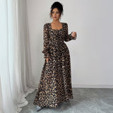 Leopard Print Long Sleeve Maxi Dress Women