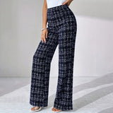 Women's Printed Check High-Waisted Straight Leg Pants - Office Casual Trousers For Spring&Fall