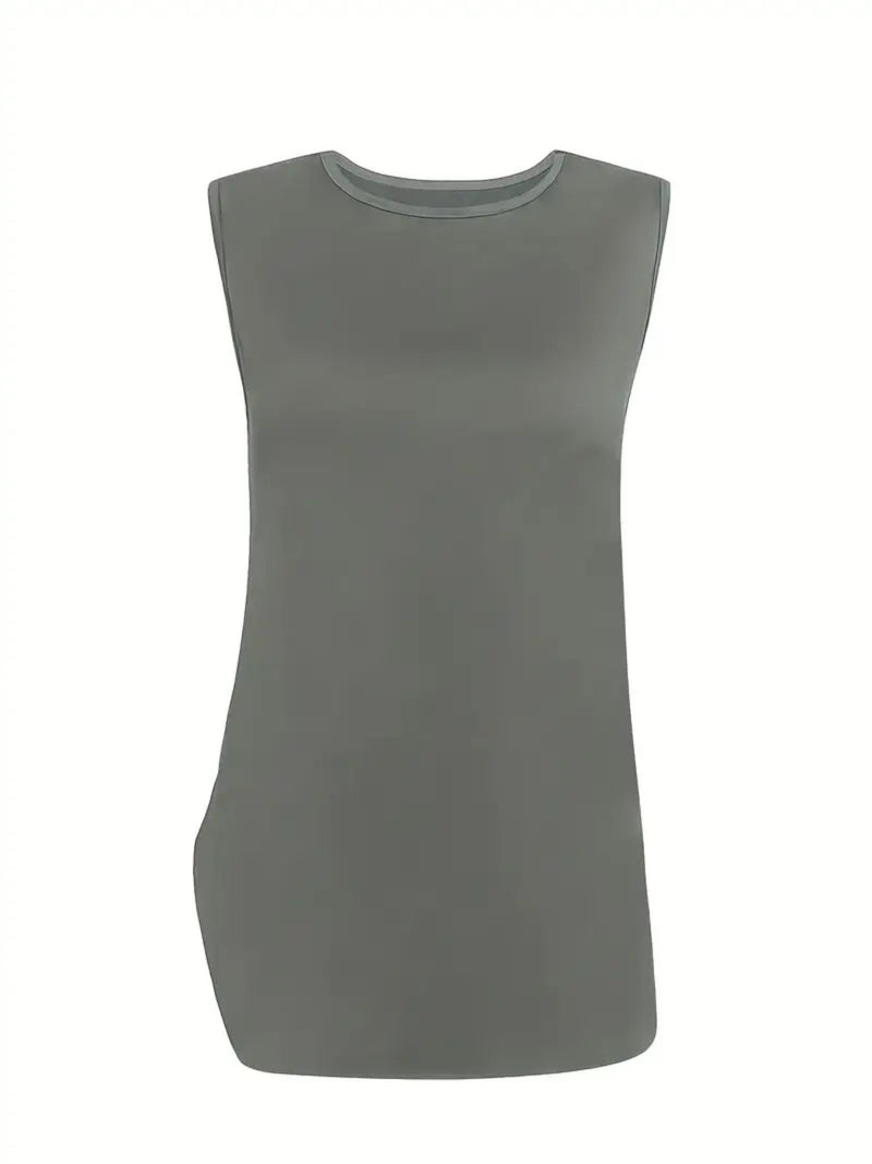 2025 New Women's Elegant Solid Color Three Piece Set - Round Neck Top Coat&Solid Color Tank Top&Wide Leg Pants, Elastic Polyester Blended, Comfortable And Breathable, Fashionable And Elegant