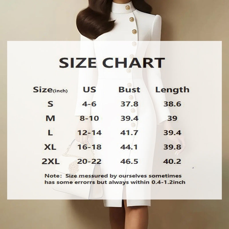 Elegant Solid Color Women's Long Sleeve Dress, Stand Collar With Golden Buttons Bodycon Slit Hem Dress For Formal Occasions