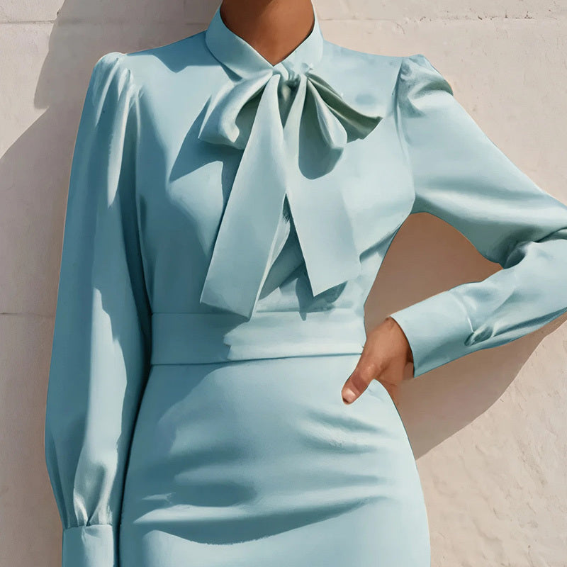 Women's Elegant Solid Stand Collar Long Sleeve Dress With Bow Detail Hem Slit Formal Midi Dress For Spring&Fall