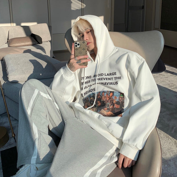 Four Seasons All-Match European And American Style Printed Hooded Sweater Mens Letter Design Sweater Couple Outfit