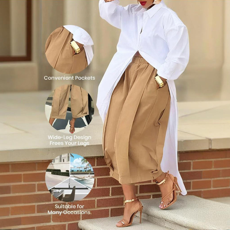 Women's Solid Color Cotton Wide Leg Cropped Pants With Pleats & Pockets - Spring Summer Fashion Comfortable Loose Trousers