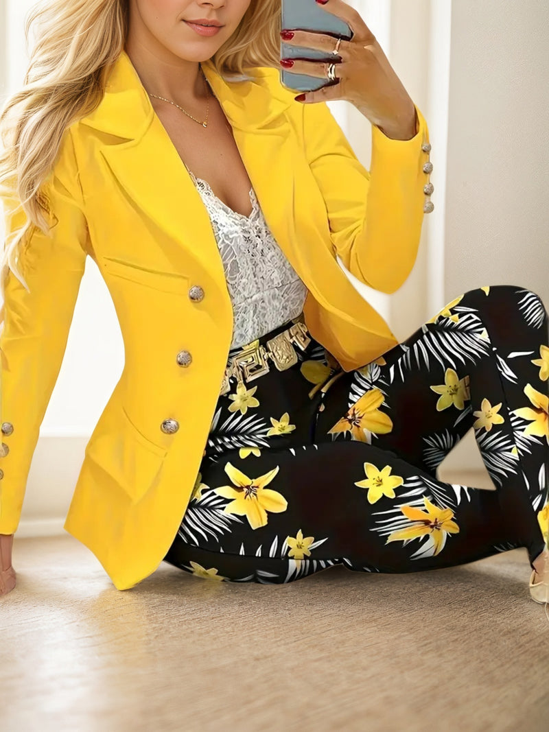 New Women's Fashionable Solid Color Top And Printed Pants Set, Machine Washable, Perfect Choice For Spring And Autumn