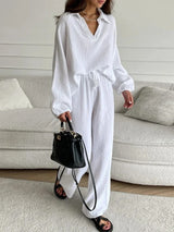 Elegant Women Casual Loose Outfit Female Long Sleeve Top Drawstring Trousers