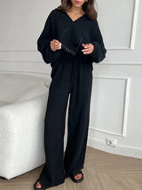 Elegant Women Casual Loose Outfit Female Long Sleeve Top Drawstring Trousers