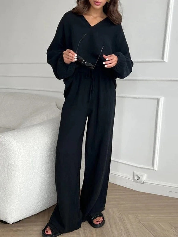 Elegant Women Casual Loose Outfit Female Long Sleeve Top Drawstring Trousers
