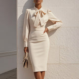 Women's Elegant Solid Stand Collar Long Sleeve Dress With Bow Detail Hem Slit Formal Midi Dress For Spring&Fall