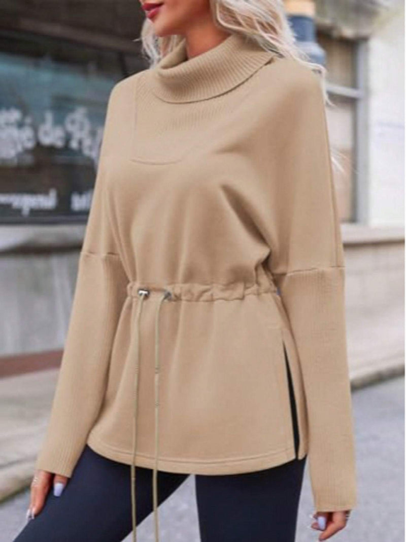 Fisoew Women's Turtleneck Sweatshirts Fleece Drawstring Waist Casual Long Sleeve Pullover Sweater Side Slit Tunic Tops