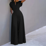Women's V-Neck Solid Color Short Sleeve Jumpsuit Wide Leg A-Line Waist Tied Casual Summer Outfit