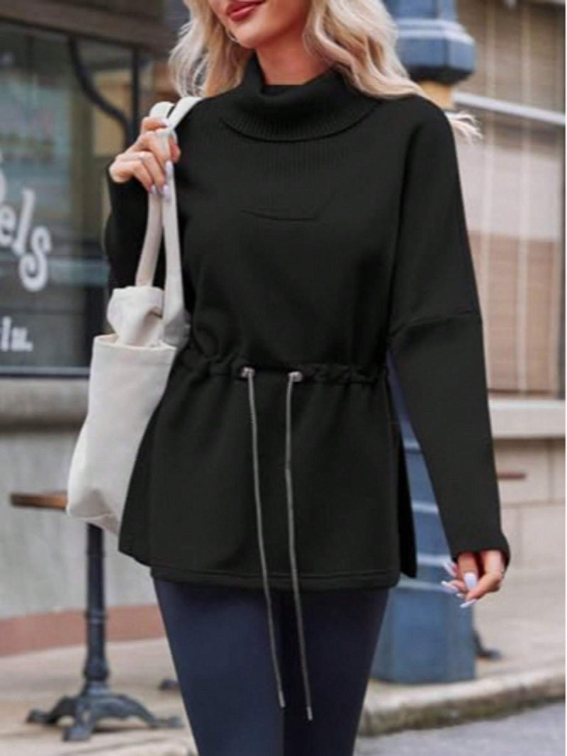 Fisoew Women's Turtleneck Sweatshirts Fleece Drawstring Waist Casual Long Sleeve Pullover Sweater Side Slit Tunic Tops