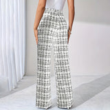 Women's Printed Check High-Waisted Straight Leg Pants - Office Casual Trousers For Spring&Fall
