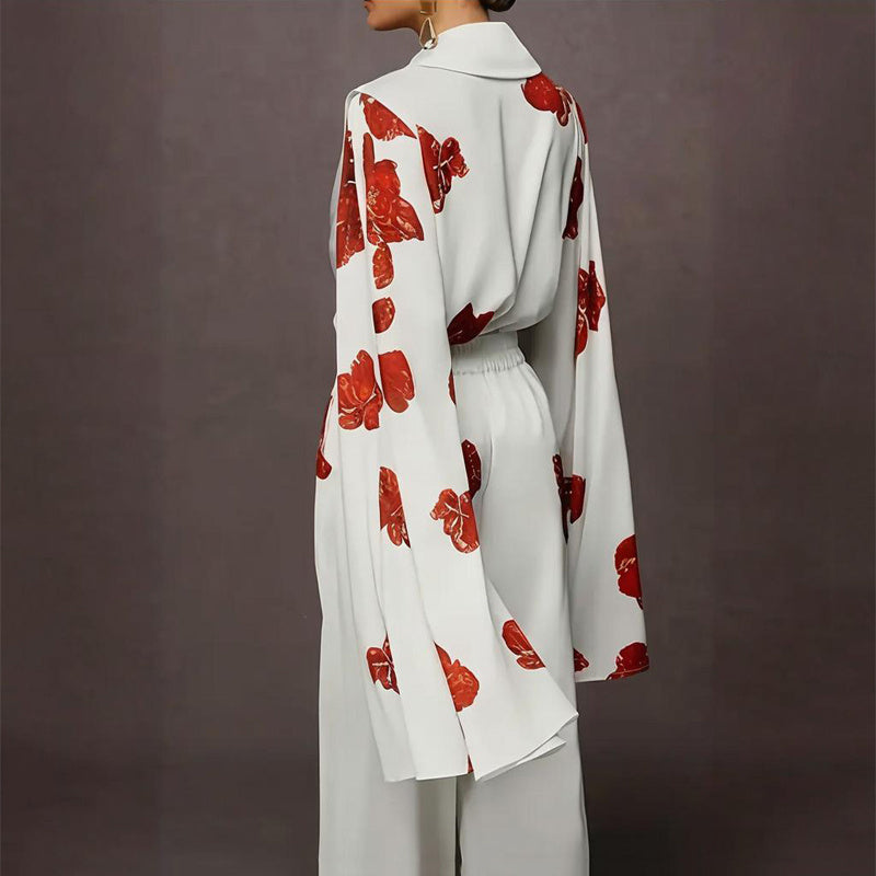 Women's Floral Print Mock Neck Long Sleeve Top & Wide Leg Pants Set With Pockets - Stylish Spring&Summer Outfit