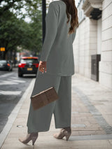 2025 New Women's Elegant Solid Color Three Piece Set - Round Neck Top Coat&Solid Color Tank Top&Wide Leg Pants, Elastic Polyester Blended, Comfortable And Breathable, Fashionable And Elegant