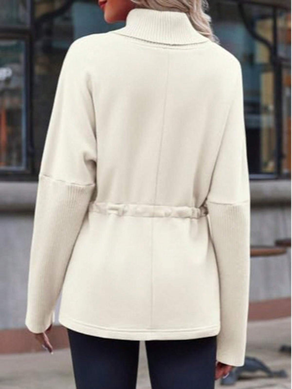 Fisoew Women's Turtleneck Sweatshirts Fleece Drawstring Waist Casual Long Sleeve Pullover Sweater Side Slit Tunic Tops