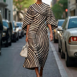 Women's Elegant Geometric Print Batwing Sleeve Round Neck Flowy Maxi Dress Spring Summer Casual Or Fashion Dress