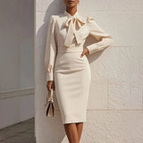 Women's Elegant Solid Stand Collar Long Sleeve Dress With Bow Detail Hem Slit Formal Midi Dress For Spring&Fall