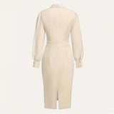 Women's Elegant Solid Stand Collar Long Sleeve Dress With Bow Detail Hem Slit Formal Midi Dress For Spring&Fall