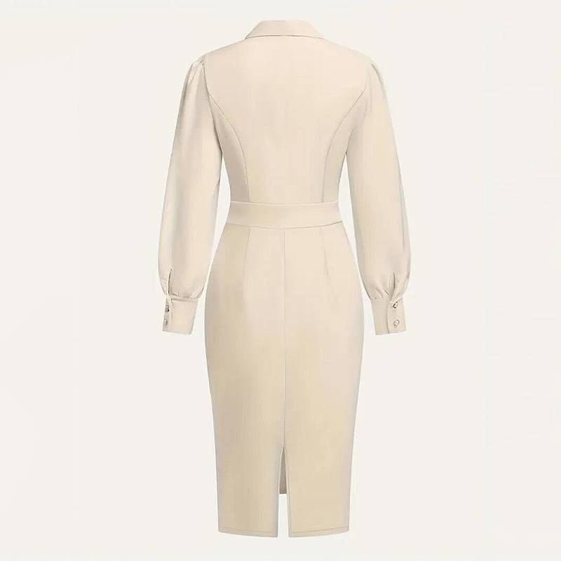 Women's Elegant Solid Stand Collar Long Sleeve Dress With Bow Detail Hem Slit Formal Midi Dress For Spring&Fall