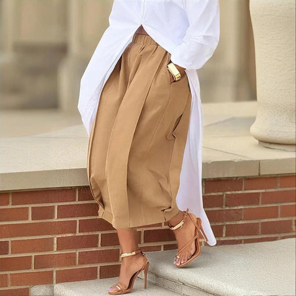 Women's Solid Color Cotton Wide Leg Cropped Pants With Pleats & Pockets - Spring Summer Fashion Comfortable Loose Trousers