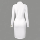 Elegant Solid Color Women's Long Sleeve Dress, Stand Collar With Golden Buttons Bodycon Slit Hem Dress For Formal Occasions