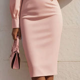 Women's Elegant Solid Stand Collar Long Sleeve Dress With Bow Detail Hem Slit Formal Midi Dress For Spring&Fall