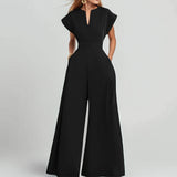 Women's V-Neck Solid Color Short Sleeve Jumpsuit Wide Leg A-Line Waist Tied Casual Summer Outfit