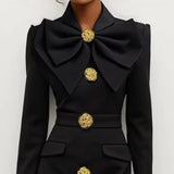 Women's Solid Color Long Sleeve Bodycon Elegant Button Midi Dress With Slit Spring Fall Fashion Bow Accent Dress