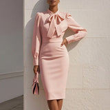 Women's Elegant Solid Stand Collar Long Sleeve Dress With Bow Detail Hem Slit Formal Midi Dress For Spring&Fall