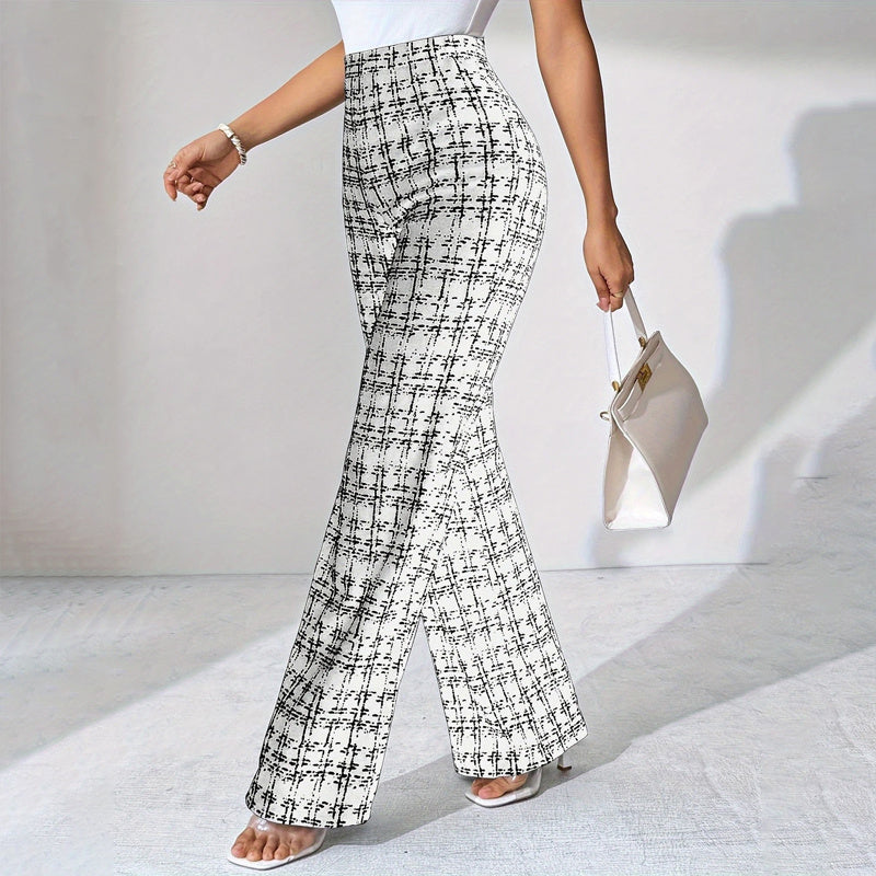 Women's Printed Check High-Waisted Straight Leg Pants - Office Casual Trousers For Spring&Fall