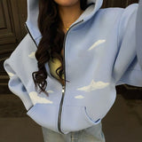 Cloud Print Zipper Hooded Sweaters Women's Clothing
