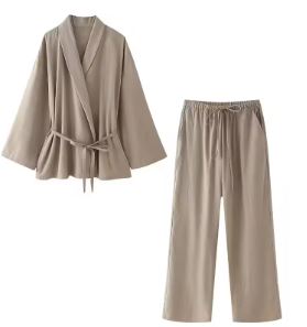 Women Loose Wide Leg Pant Set Fashion Lapel V Neck Long Sleeve Thin Blazer Coat With Belt 2024 Summer Ladies Solid Suit