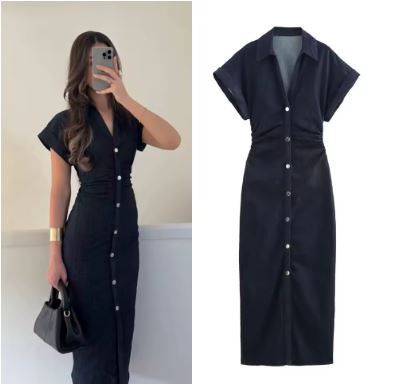 ETJ 2025 Spring New 1975 series denim MIDI dress with lapel side zipper fashion wrinkle waist slim elegant dress