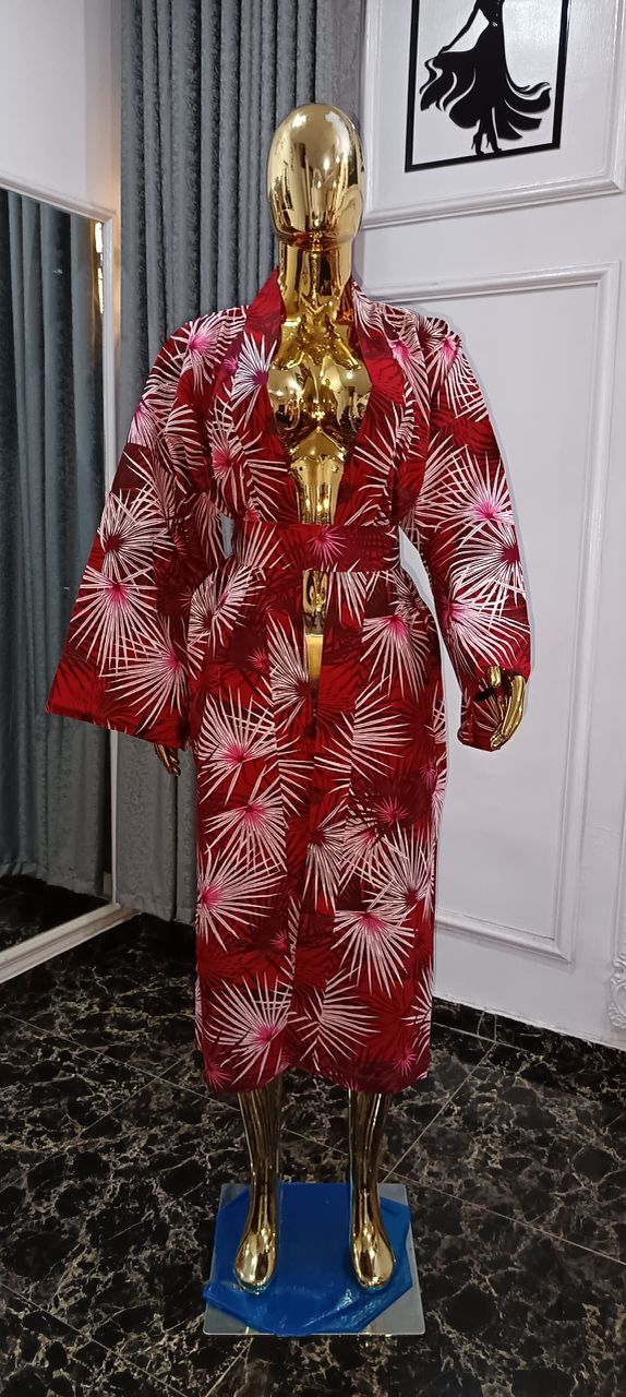 African Women's Ankara Printed Full Sleeve, Belt Coat and Floor-Length cargo Pants and kimono set