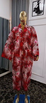 African Women's Ankara Printed Full Sleeve, Belt Coat and Floor-Length cargo Pants and kimono set