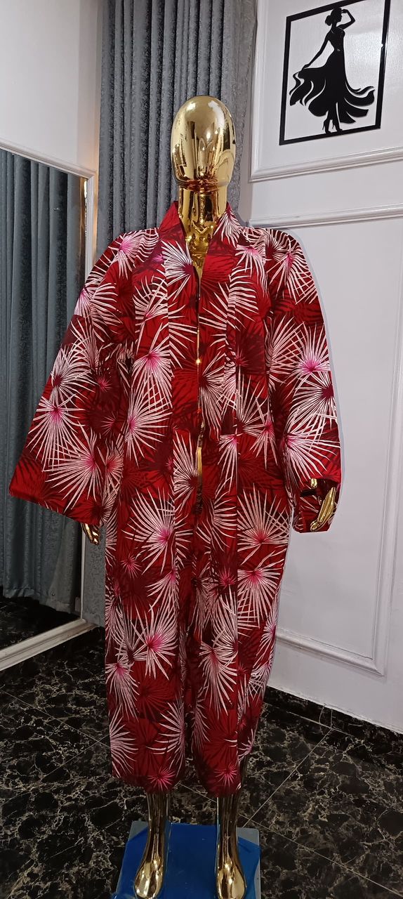 African Women's Ankara Printed Full Sleeve, Belt Coat and Floor-Length cargo Pants and kimono set