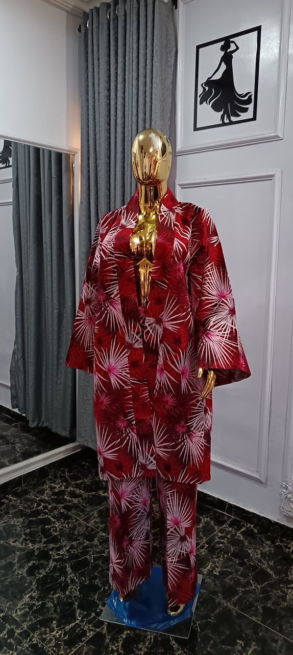 African Women's Ankara Printed Full Sleeve, Belt Coat and Floor-Length cargo Pants and kimono set