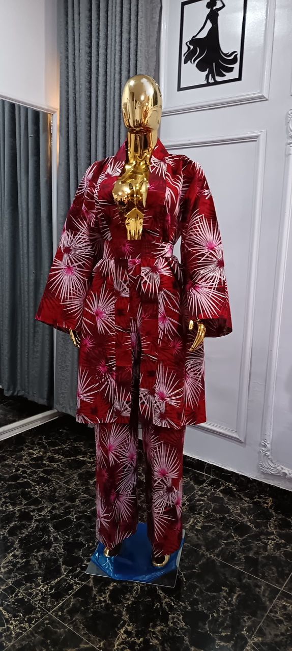African Women's Ankara Printed Full Sleeve, Belt Coat and Floor-Length cargo Pants and kimono set