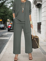 2025 New Women's Elegant Solid Color Three Piece Set - Round Neck Top Coat&Solid Color Tank Top&Wide Leg Pants, Elastic Polyester Blended, Comfortable And Breathable, Fashionable And Elegant