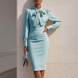 Women's Elegant Solid Stand Collar Long Sleeve Dress With Bow Detail Hem Slit Formal Midi Dress For Spring&Fall