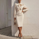 Women's Elegant Solid Stand Collar Long Sleeve Dress With Bow Detail Hem Slit Formal Midi Dress For Spring&Fall