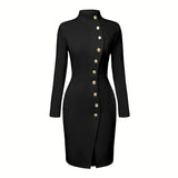 Elegant Solid Color Women's Long Sleeve Dress, Stand Collar With Golden Buttons Bodycon Slit Hem Dress For Formal Occasions