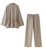 Women Loose Wide Leg Pant Set Fashion Lapel V Neck Long Sleeve Thin Blazer Coat With Belt 2024 Summer Ladies Solid Suit