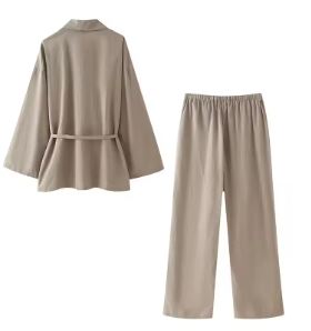 Women Loose Wide Leg Pant Set Fashion Lapel V Neck Long Sleeve Thin Blazer Coat With Belt 2024 Summer Ladies Solid Suit