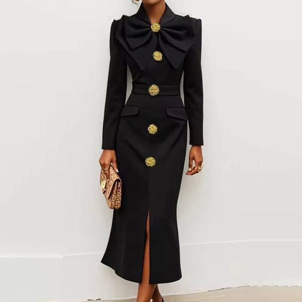 Women's Solid Color Long Sleeve Bodycon Elegant Button Midi Dress With Slit Spring Fall Fashion Bow Accent Dress