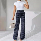 Women's Printed Check High-Waisted Straight Leg Pants - Office Casual Trousers For Spring&Fall