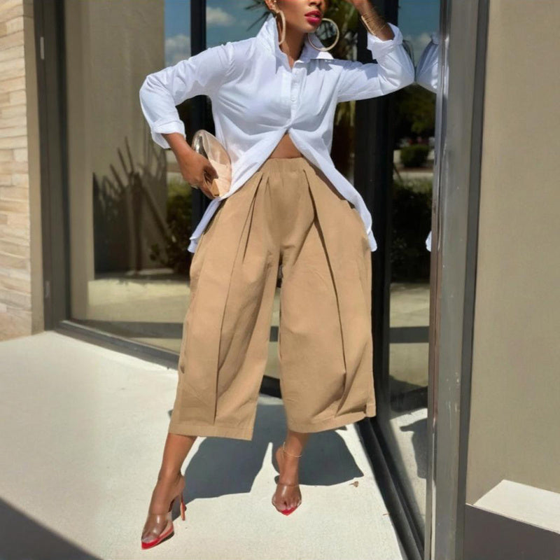 Women's Solid Color Cotton Wide Leg Cropped Pants With Pleats & Pockets - Spring Summer Fashion Comfortable Loose Trousers