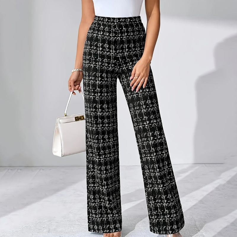 Women's Printed Check High-Waisted Straight Leg Pants - Office Casual Trousers For Spring&Fall