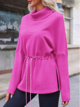 Fisoew Women's Turtleneck Sweatshirts Fleece Drawstring Waist Casual Long Sleeve Pullover Sweater Side Slit Tunic Tops