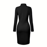 Elegant Solid Color Women's Long Sleeve Dress, Stand Collar With Golden Buttons Bodycon Slit Hem Dress For Formal Occasions